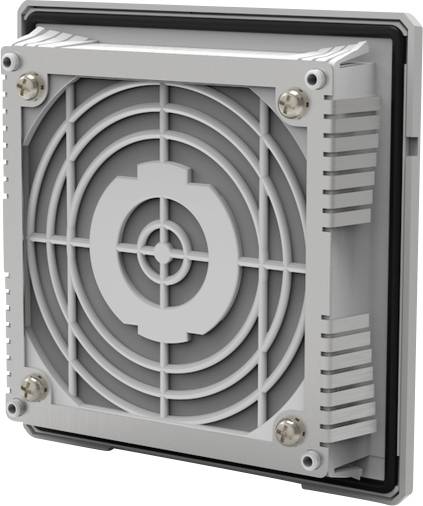 Ventilateur de ventilation industriel gris ou unité de filtration avec grille circulaire et quatre vis d'angle, présenté de face sur un fond blanc.