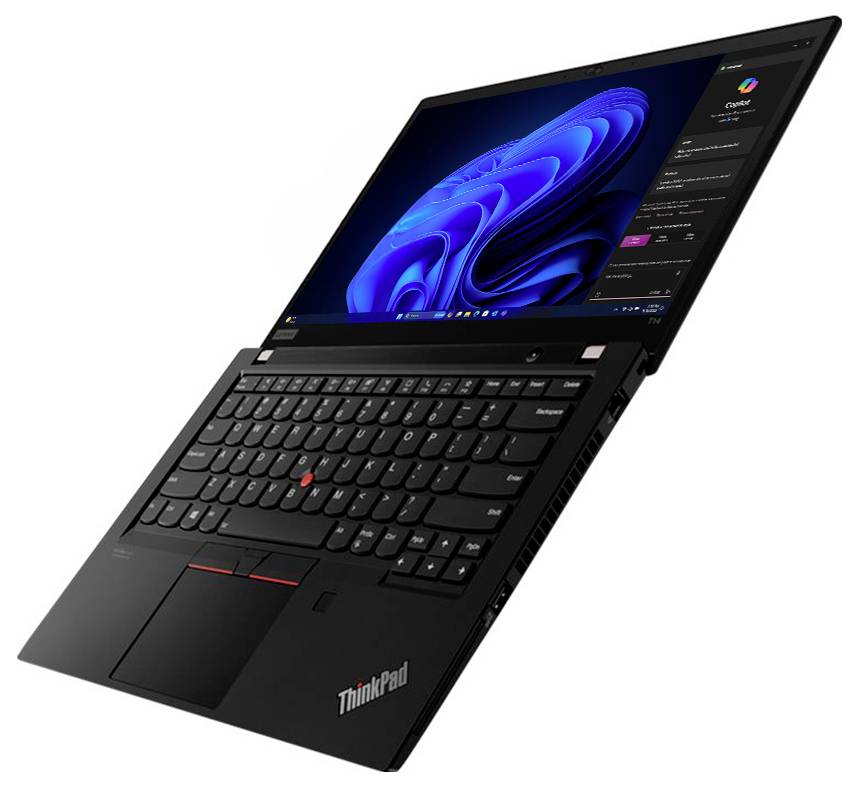 Ordinateur portable Lenovo ThinkPad noir en mode tente, affichant un bureau Windows bleu sur l'écran.