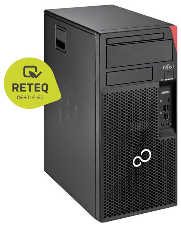 Black Fujitsu Esprimo desktop tower PC with Reteq Certified badge on the left.