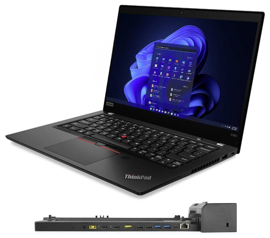 Ordinateur portable ThinkPad noir montré ouvert avec Windows 11 sur l'écran, plus vue latérale mettant en évidence les ports et le module d'accueil/expansion attaché.