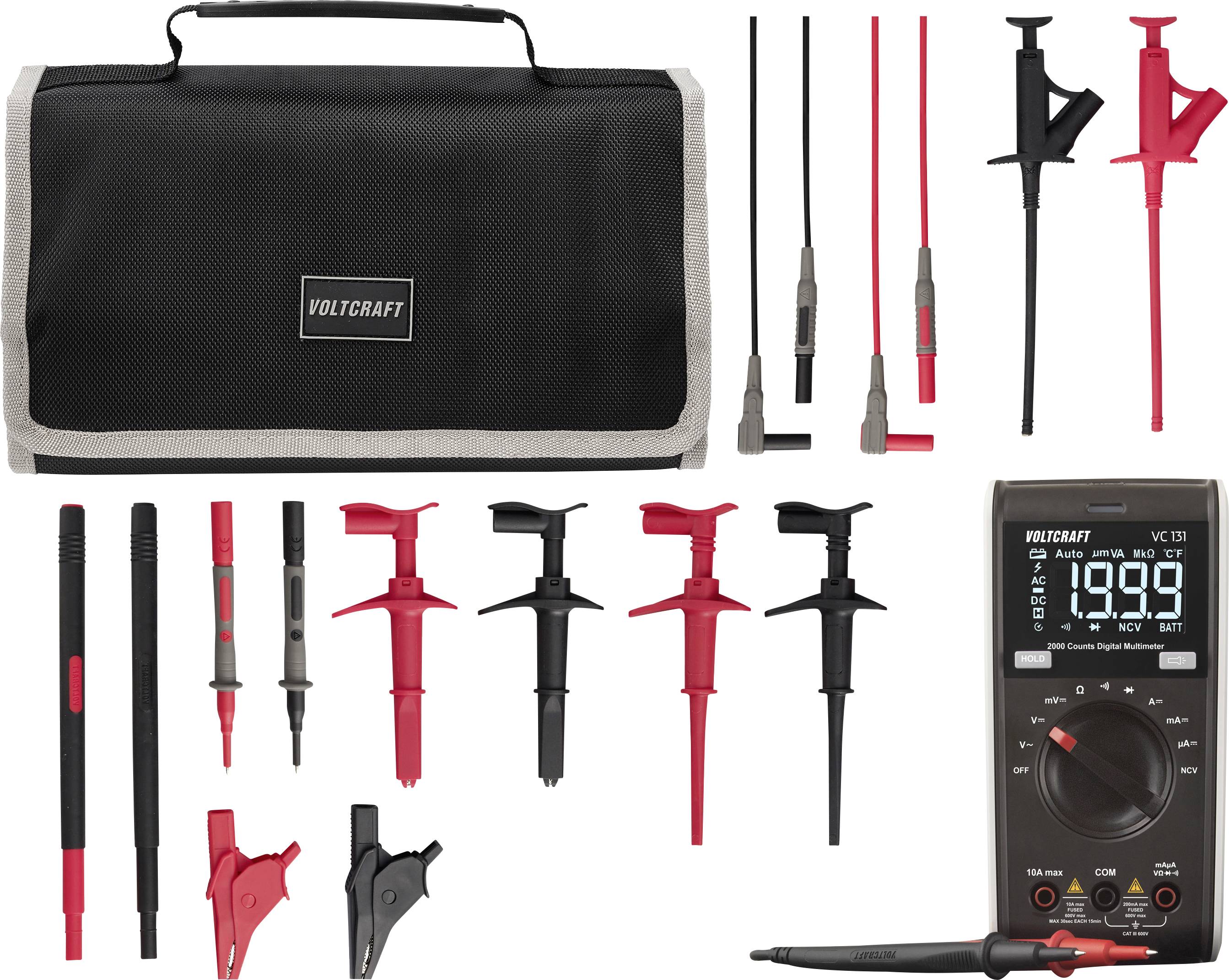 Voltcraft Multimeter-Set mit Tragetasche, Messleitungen, Prüfspitzen, Klemmadaptern und digitalem Multimeter mit Anzeige von 1.999 Volt.