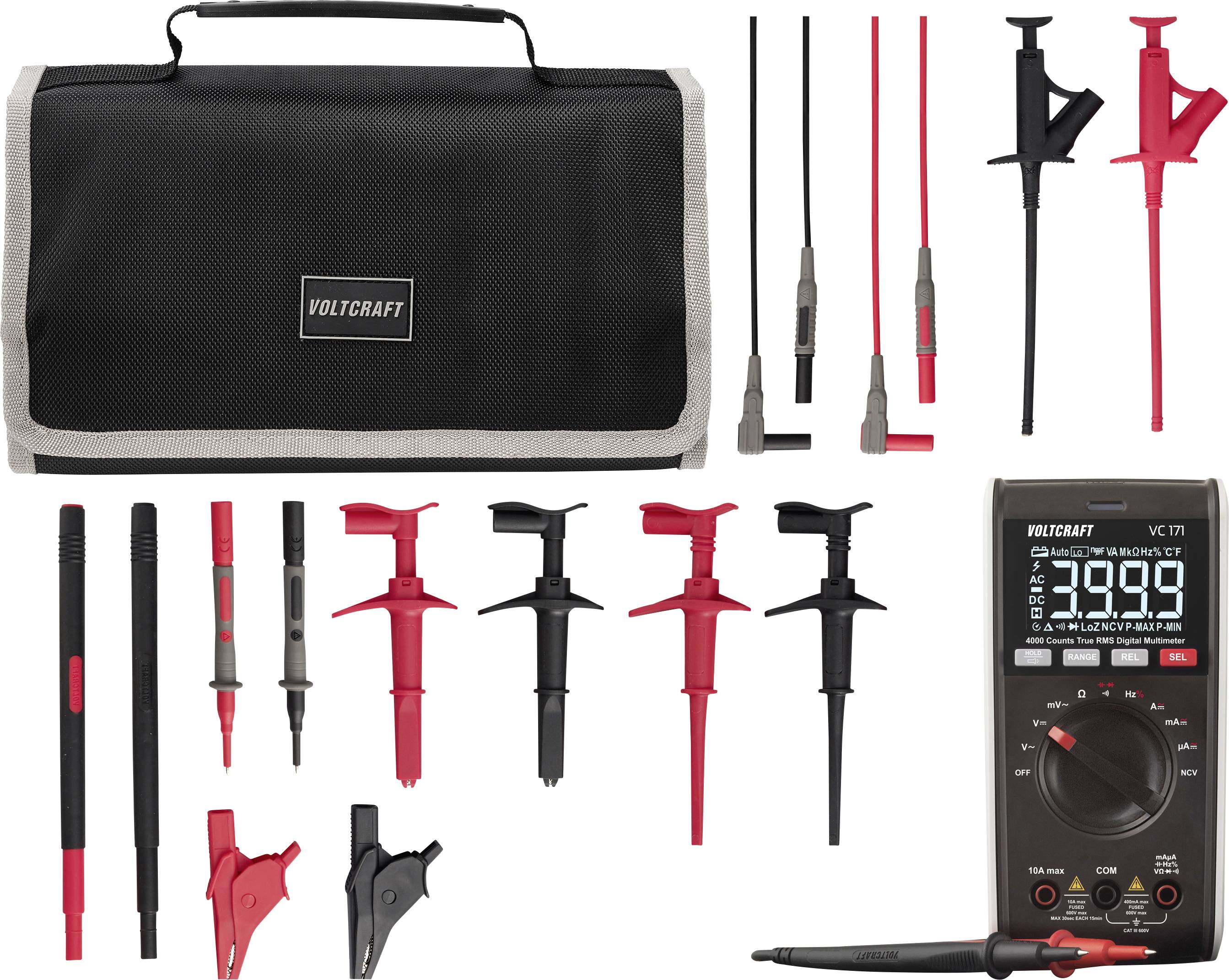 Voltcraft Multimeter-Set mit Transportkoffer, Messleitungen, Prüfspitzen, Klemmen und digitaler Multimeter-Anzeige.