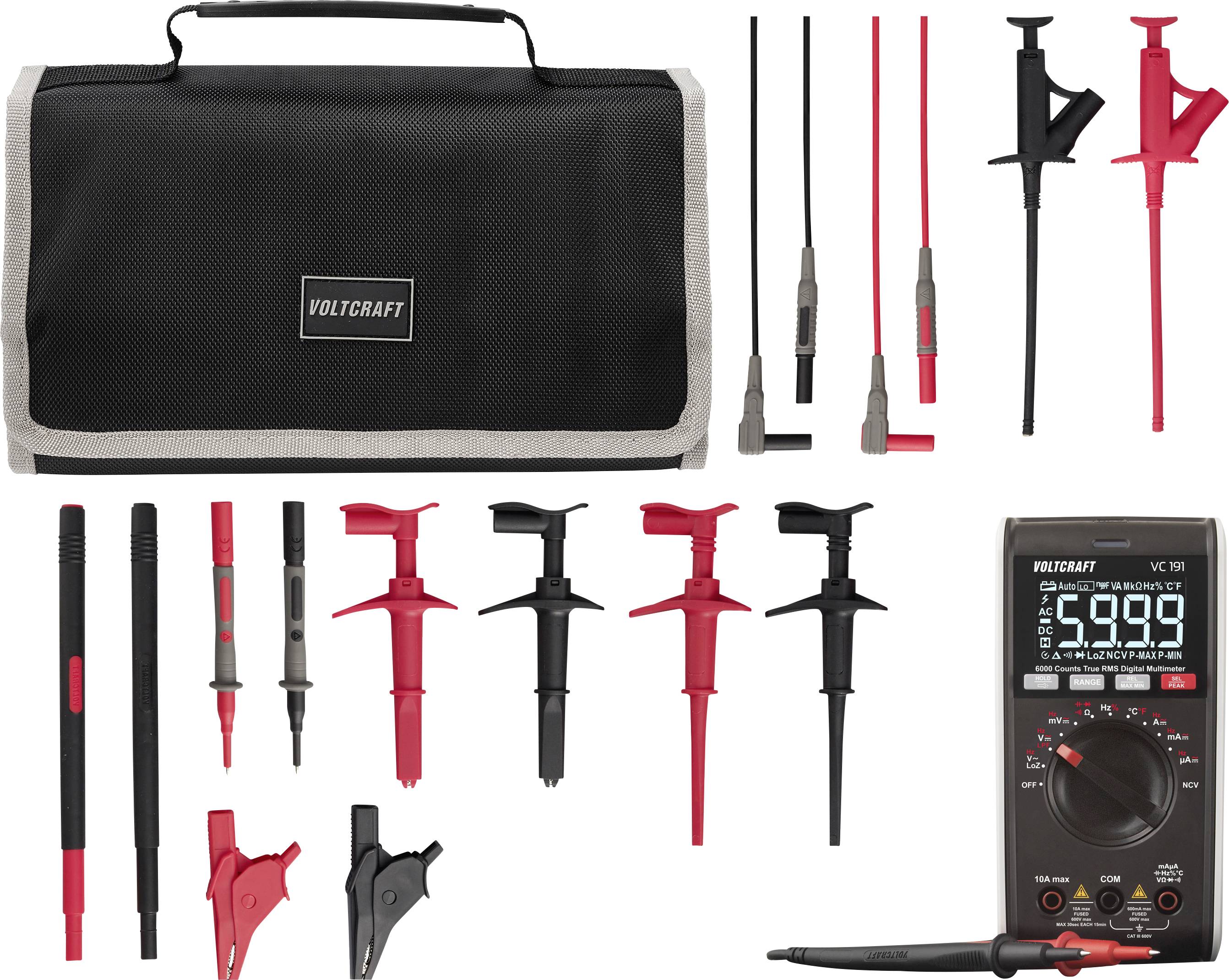Elektro-Testset mit Transportkoffer, Multimeter, Prüfspitzen, Messleitungen und Krokodilklemmen in rot und schwarz.