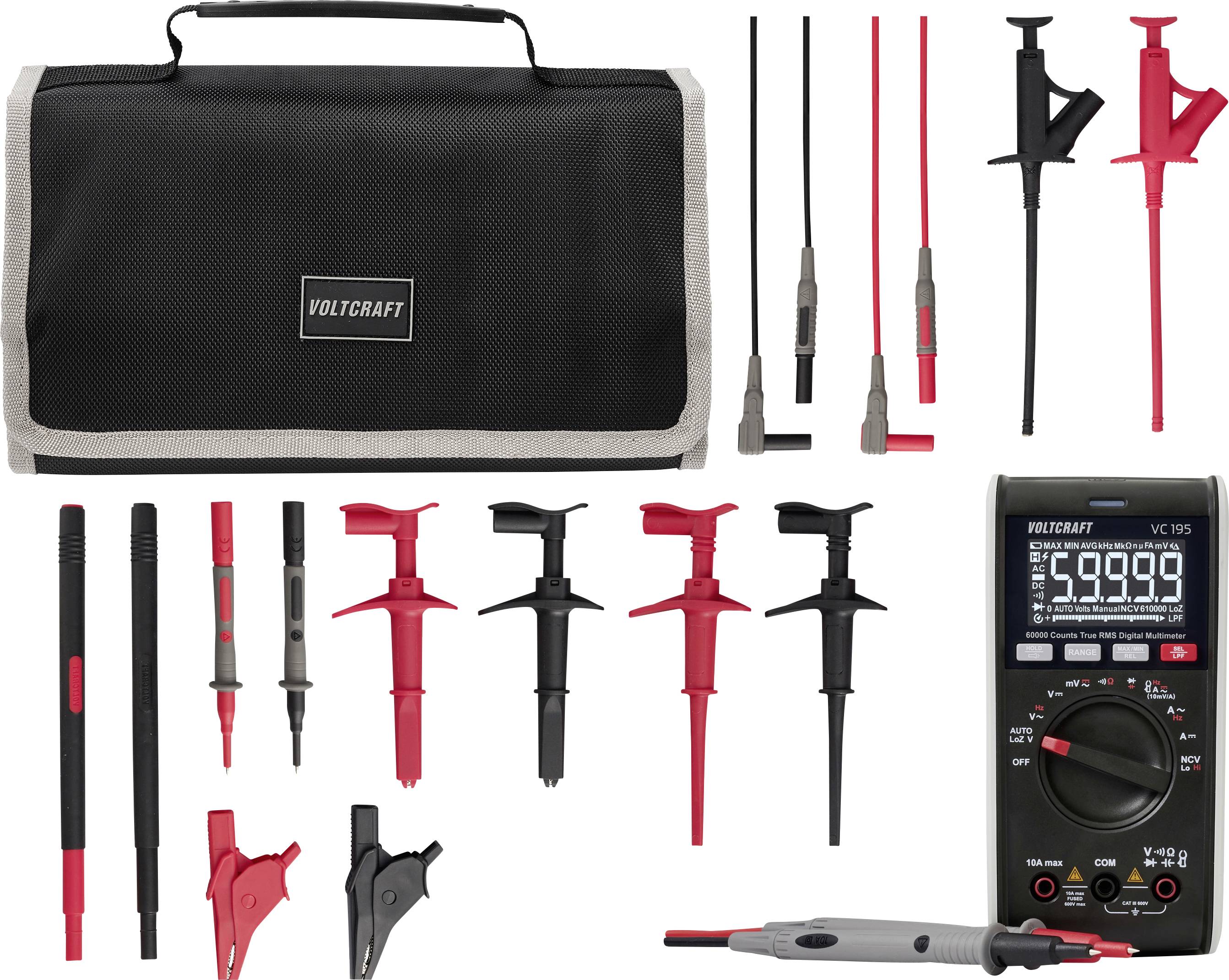 Voltcraft Digitales Multimeter-Set mit Tragetasche, Messleitungen, Prüfspitzen, Klemmadaptern und einem Multimeter-Display, das 5.9999 anzeigt.