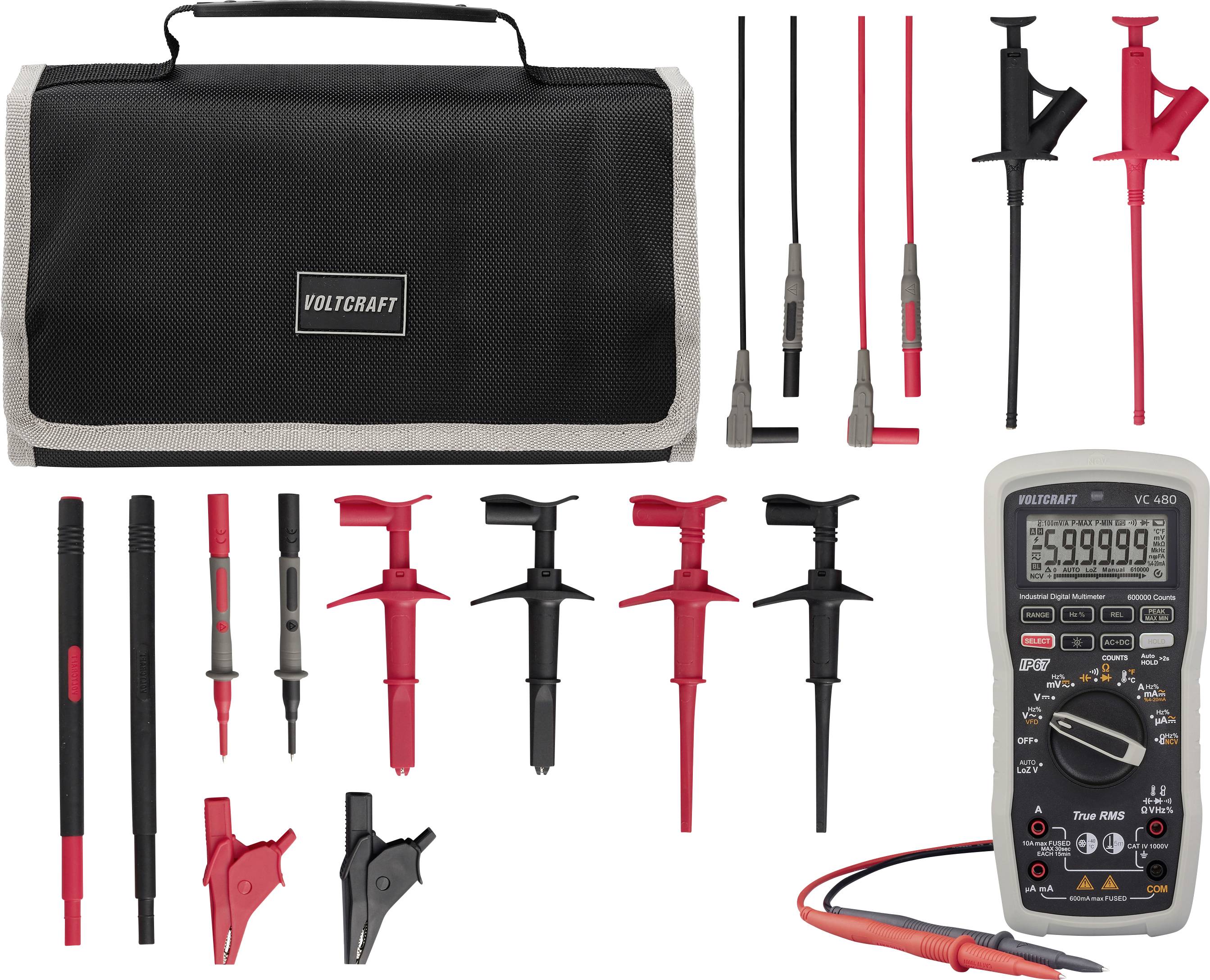 Voltcraft Multimeter-Set mit Trageetui, digitales Multimeter, Messleitungen, Prüfspitzen, Krokodilklemmen und Prüfzubehör auf weißem Hintergrund angezeigt.
