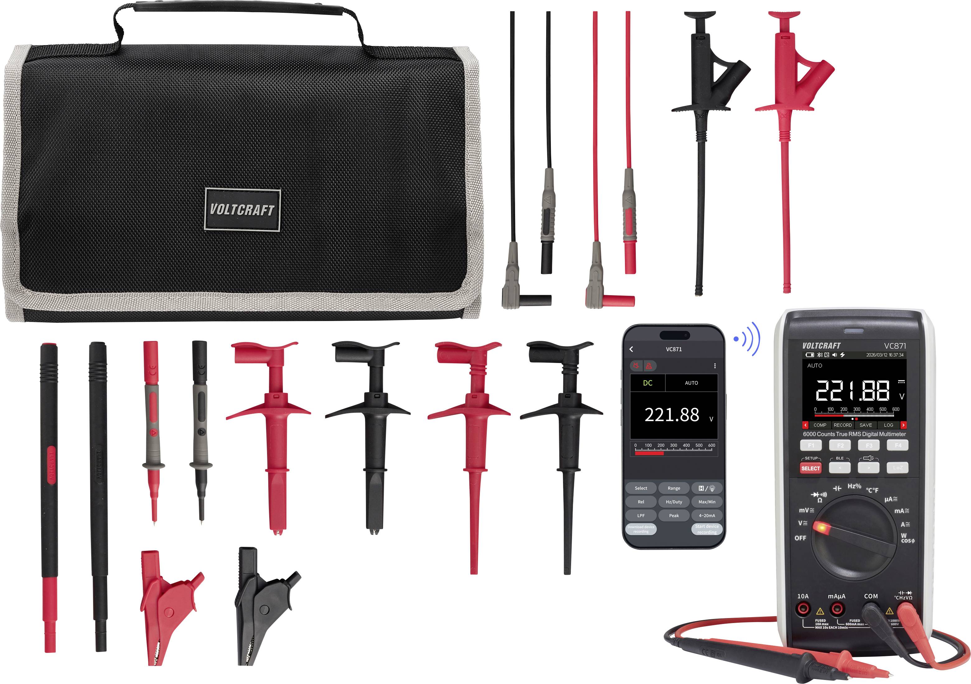 Voltcraft Multimeter-Zubehörset mit Tragetasche, Messleitungen, Messspitzen, Krokodilklemmen und Smartphone-Fernmessgerät-Display.