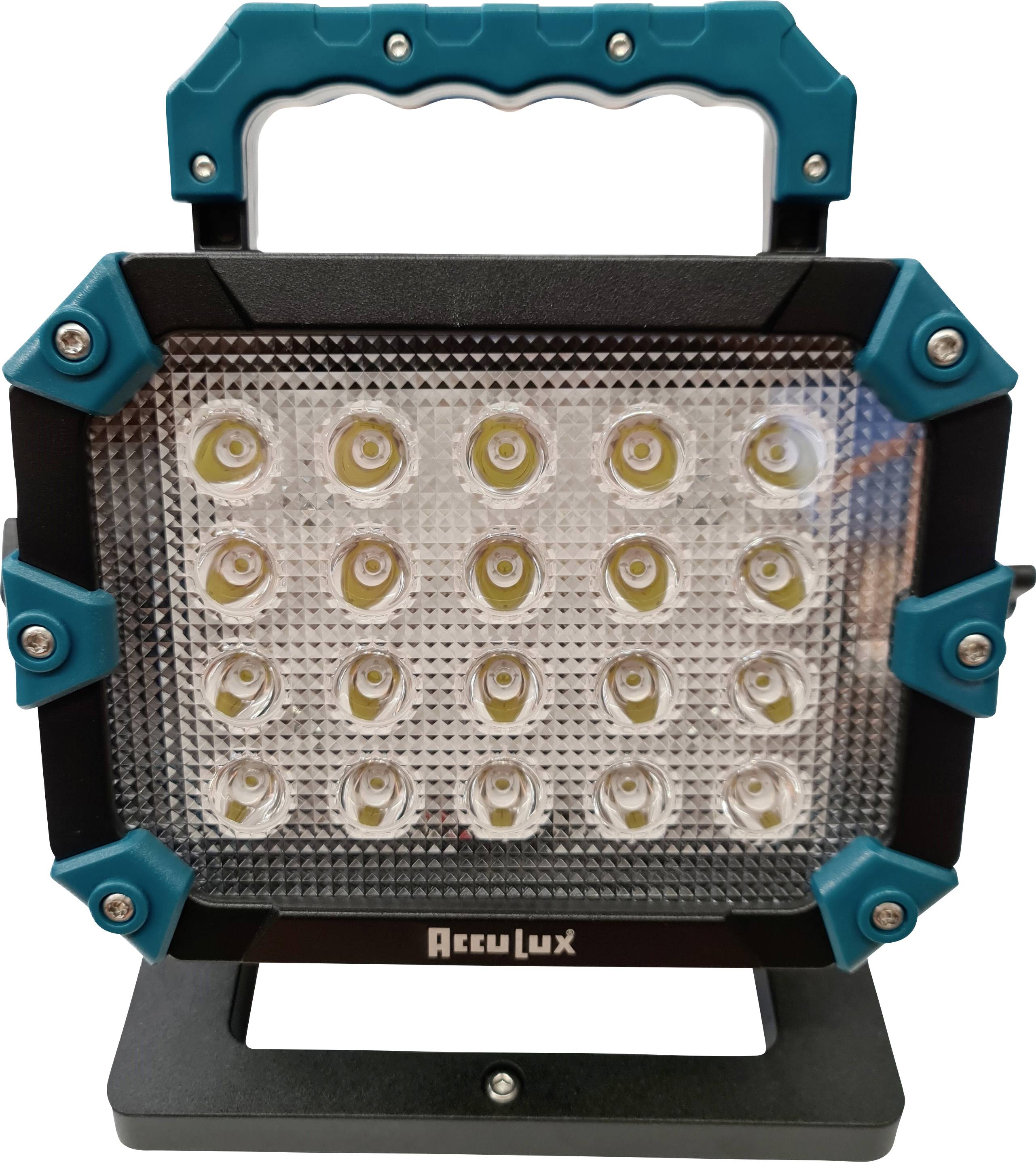 Lampe de travail LED portative avec poignée et socle de couleur bleu-vert, affichant un panneau frontal rectangulaire de 16 LED sur un fond blanc.