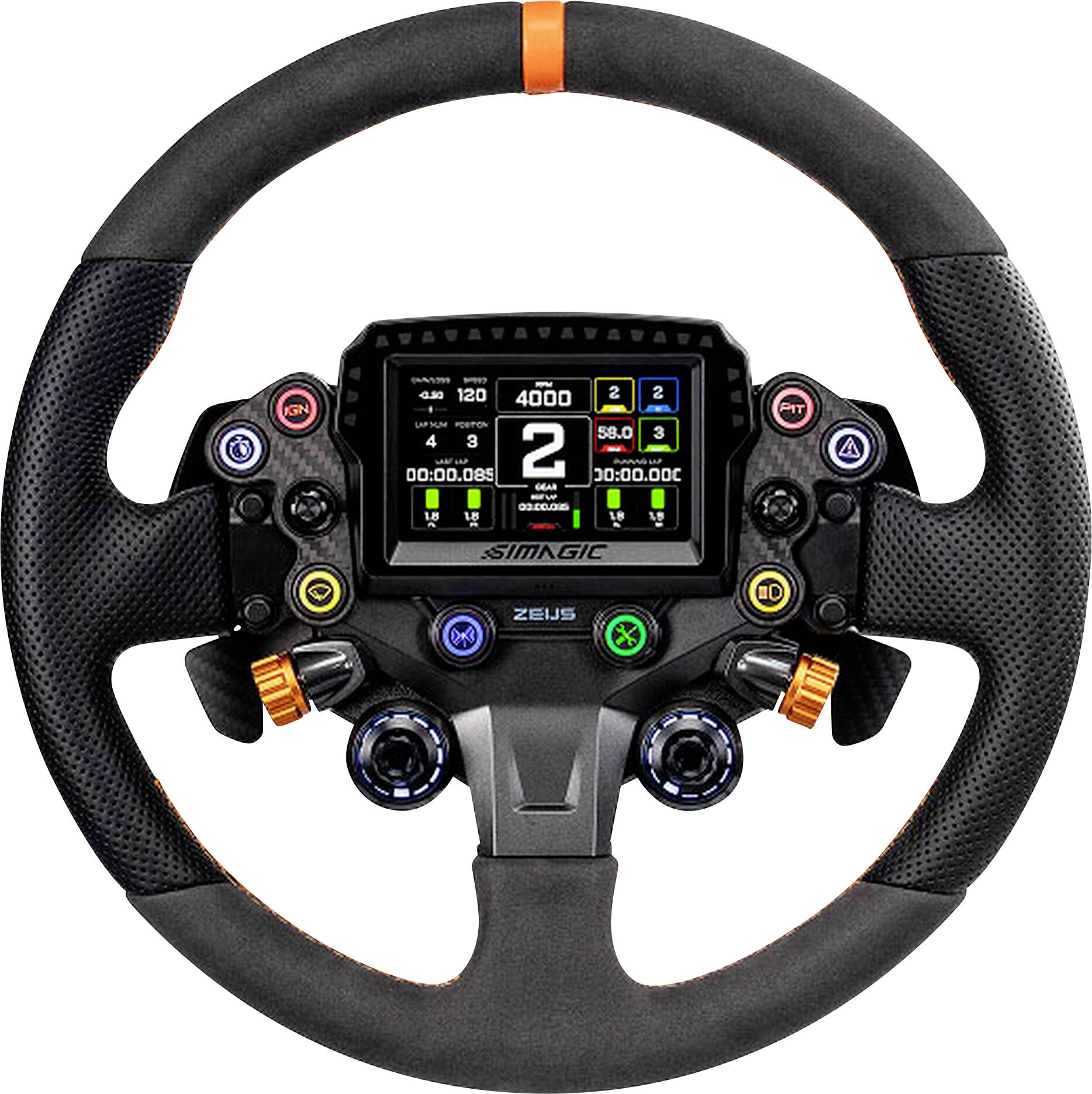Volant de course Simagic Zeius avec affichage numérique affichant les données de télémétrie de conduite et les commandes sur un volant noir avec des accents orange.
