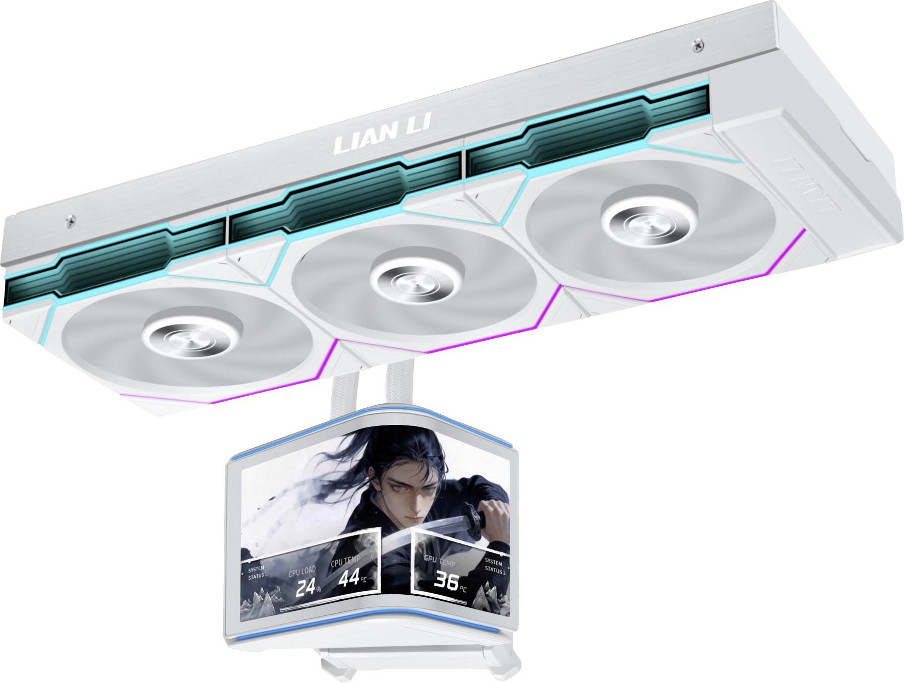 Carte graphique blanche Lian Li avec trois ventilateurs et écran LCD intégré sur le côté, présentée dans un rendu de produit sur fond blanc.