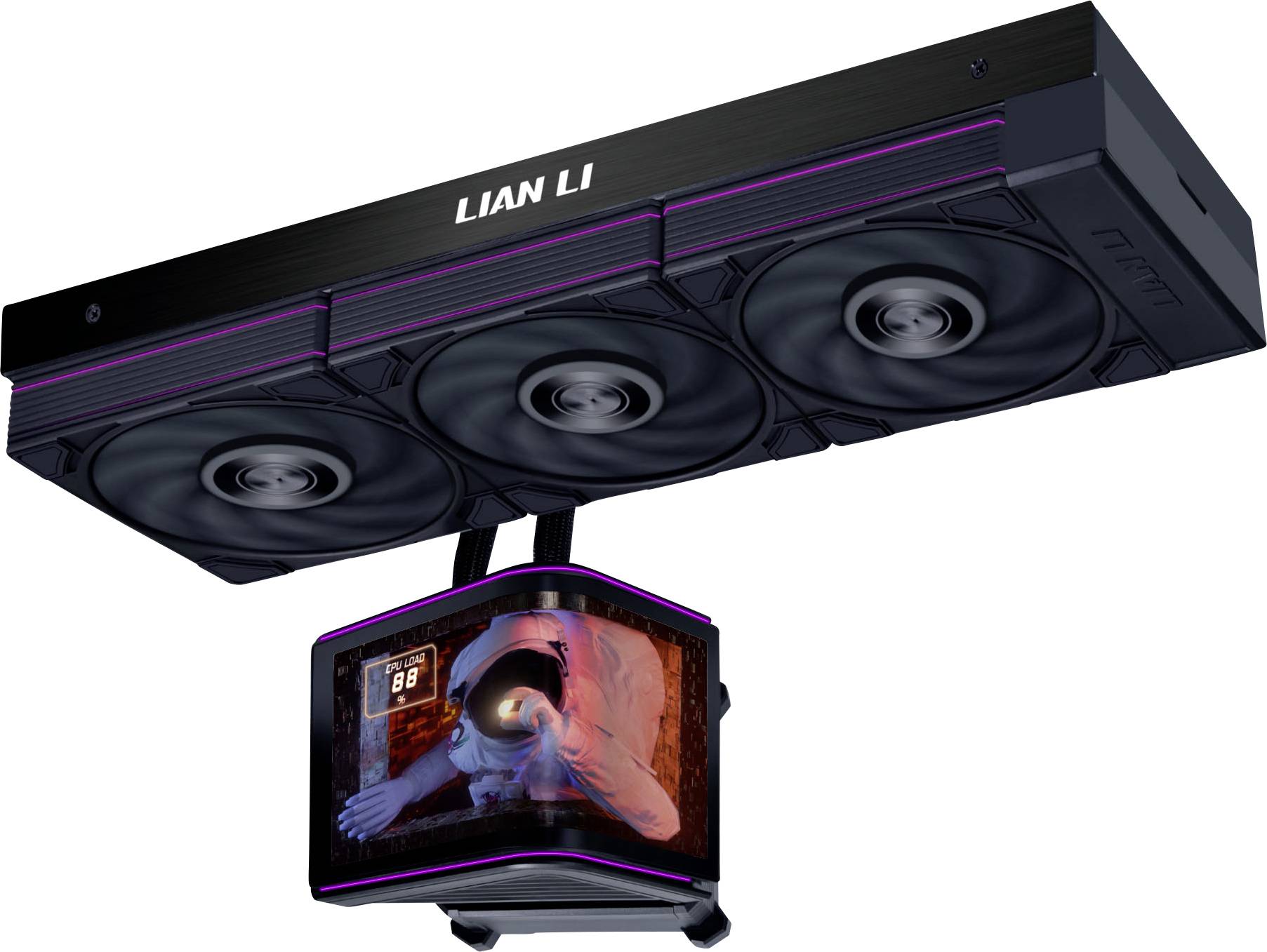 Radiateur triple-ventilateur LIAN LI avec écran LCD incurvé intégré affichant une animation de refroidissement colorée.