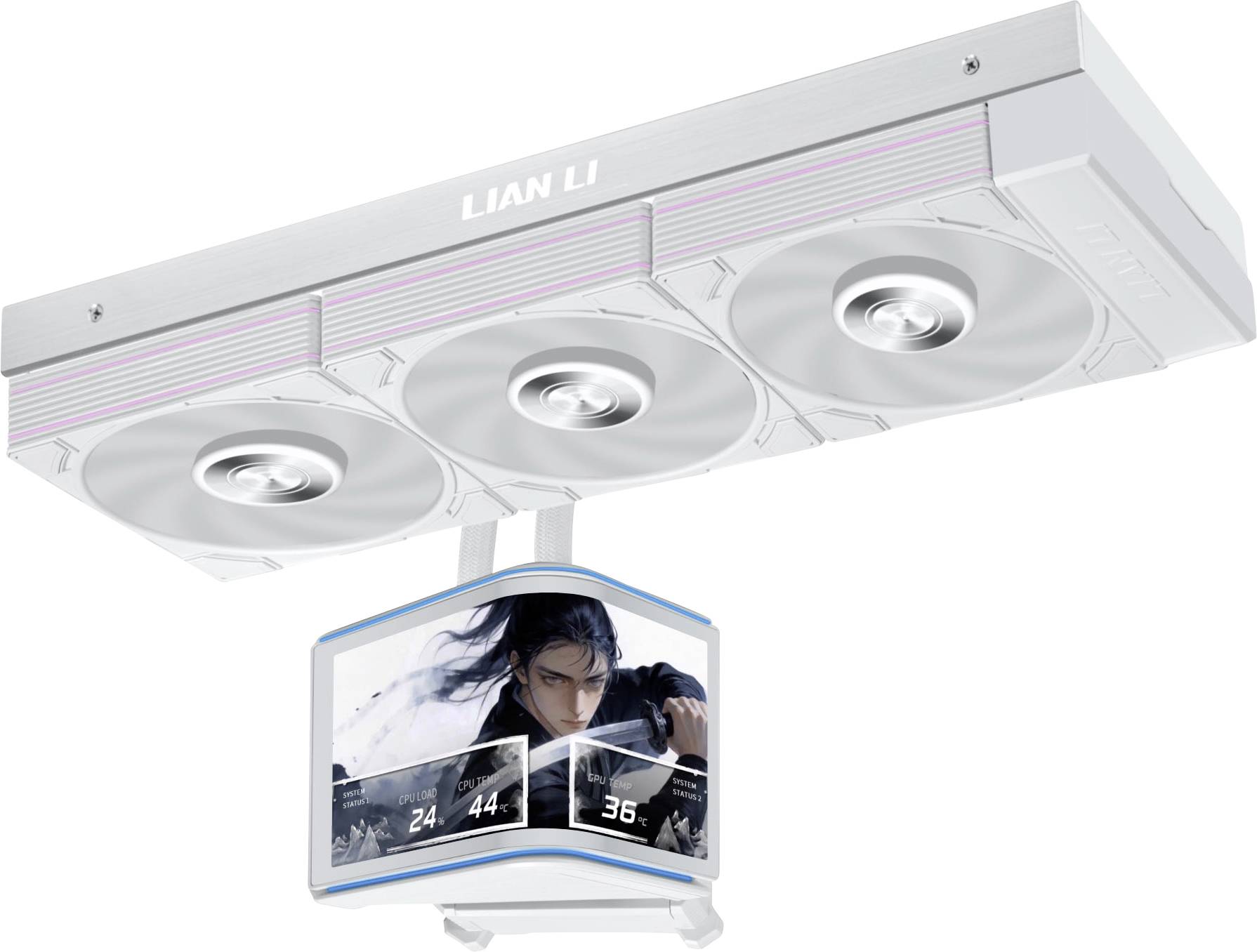 Refroidisseur informatique LIAN LI blanc avec trois ventilateurs et un petit écran affichant une image de personnage fantastique et les chiffres 24, 44 et 36.
