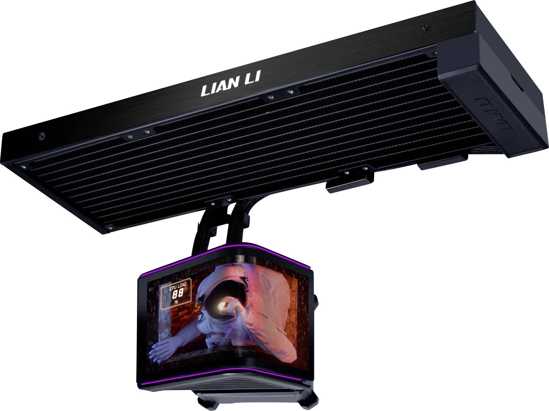 Radiateur externe LIAN LI noir monté au-dessus d'un réservoir d'affichage pour refroidissement par eau de PC avec éclairage RGB et affichage numérique de la température.
