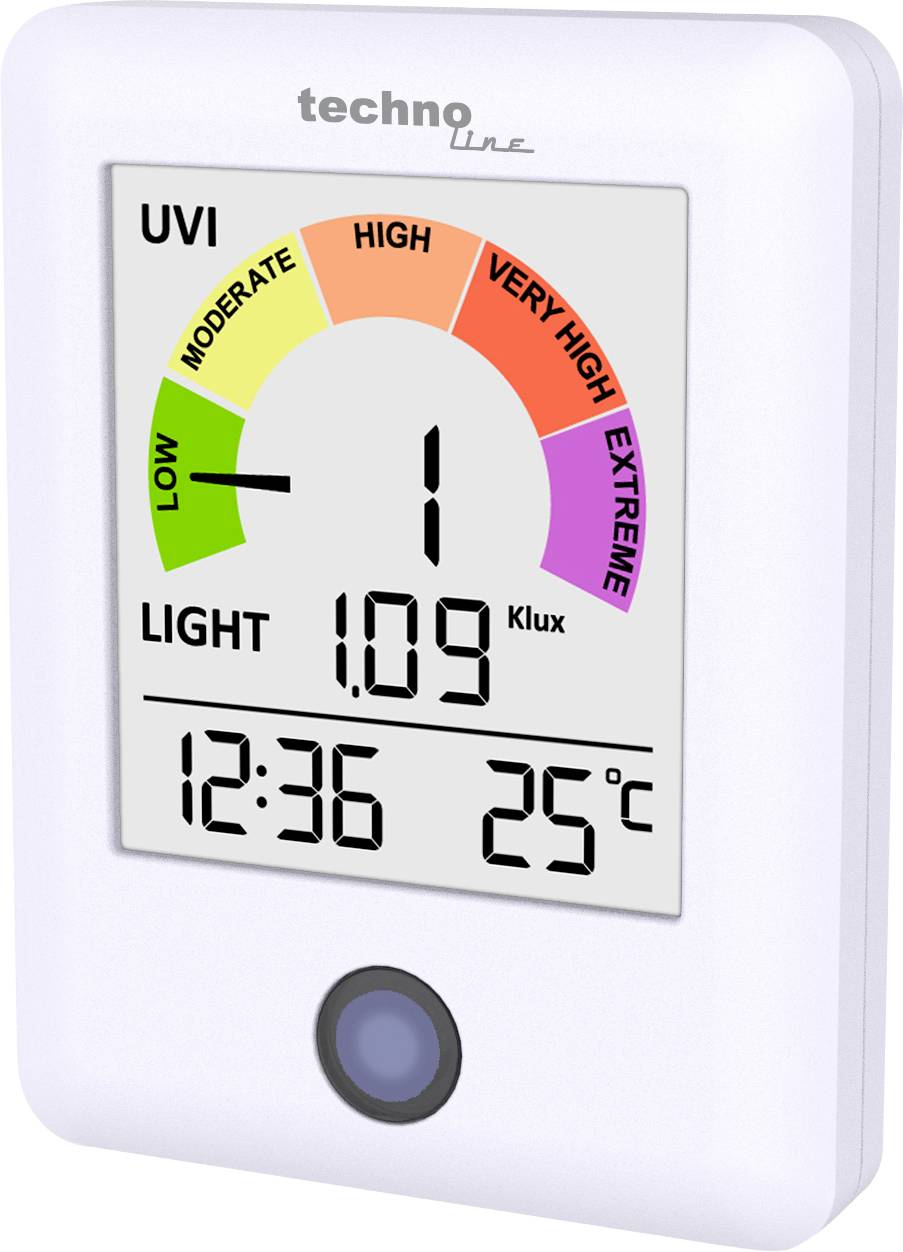Affichage du luxmètre UV numérique montrant IUV 1 dans la plage basse, niveau de luminosité 1,09 Klux, heure 12:36 et température 25°C.