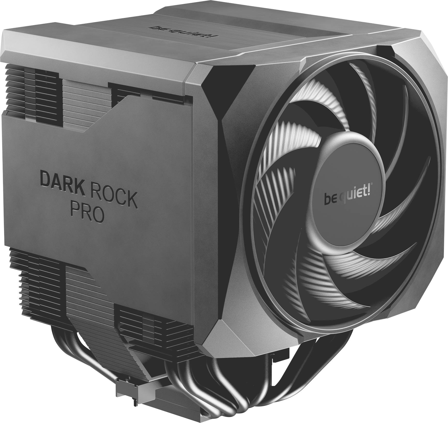 Silence ! Refroidisseur à air pour processeur Dark Rock Pro avec grand ventilateur frontal et caloducs, présenté sur fond blanc.