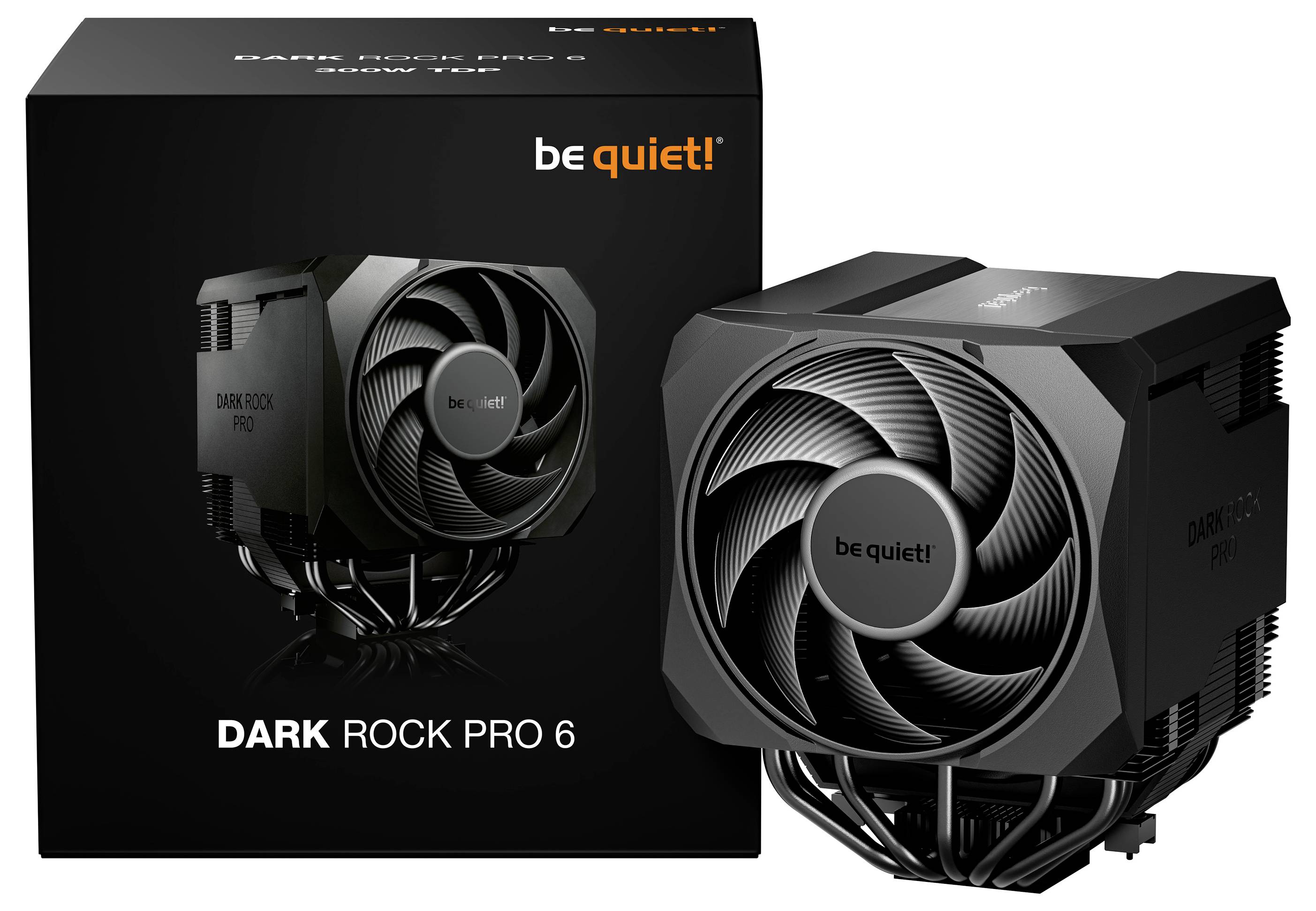 Refroidisseur à air CPU Be Quiet! Dark Rock Pro 6 montré avec sa boîte de vente au détail et le dissipateur thermique noir à double ventilateur.