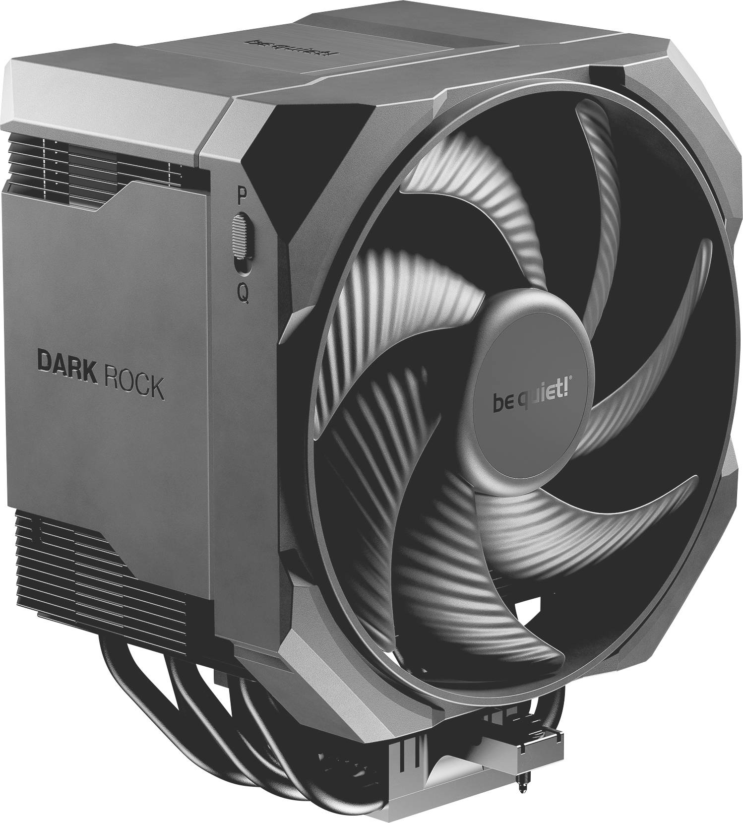 Un refroidisseur processeur à air be quiet! Dark Rock de couleur noir et argent avec un grand ventilateur et des ailettes de dissipation thermique sur un fond blanc.