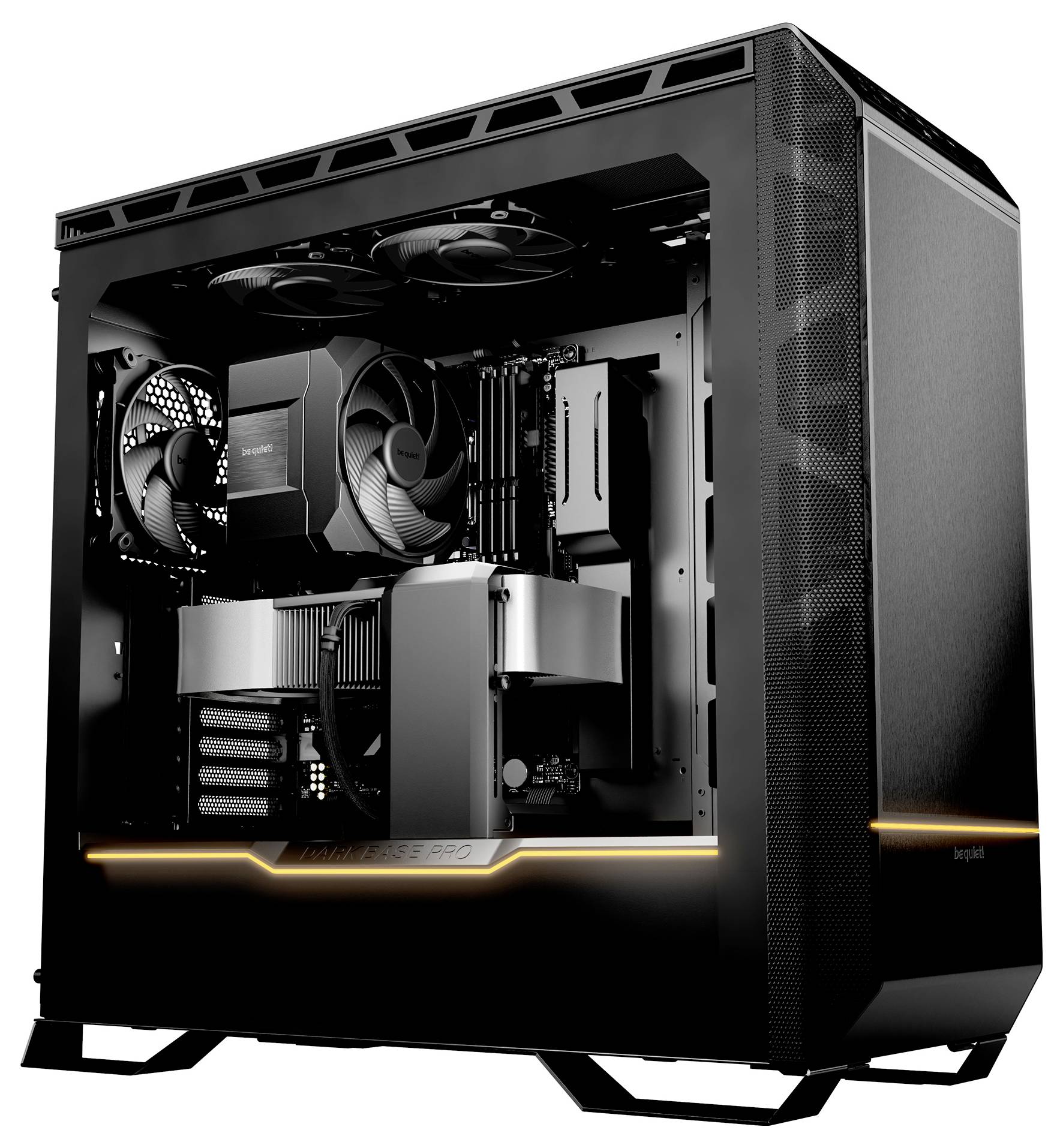Tour PC de bureau noire ouverte avec panneau latéral transparent, montrant des composants haut de gamme, des ventilateurs de refroidissement et un éclairage d'accentuation orange.