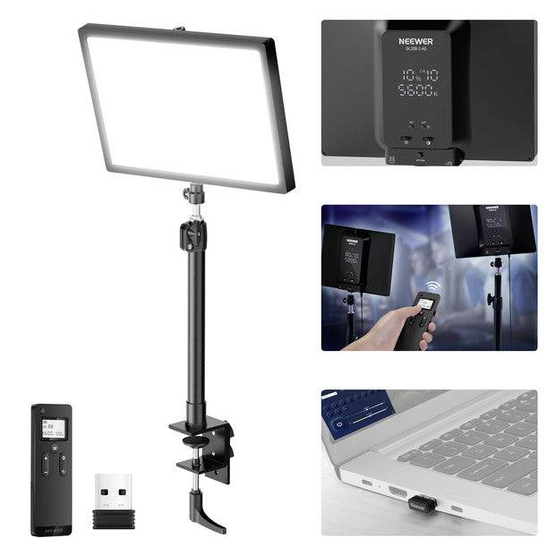 Collage promotionnel d'un panneau lumineux LED Neewer avec pied et pince, plus télécommande, montrant l'affichage du variateur, le contrôle sans fil et la connexion d'alimentation USB.