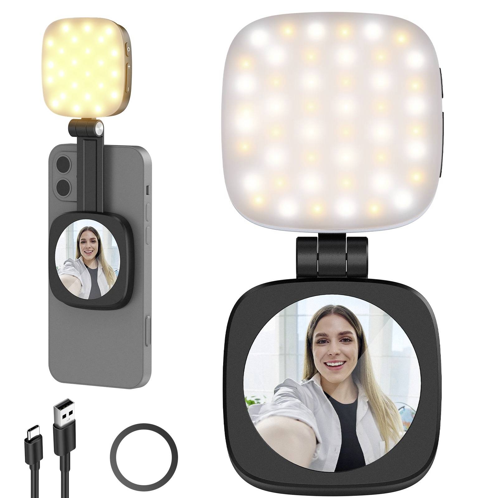 Accessoire de clip pour smartphone avec lampe LED dépliable et miroir rond pour selfie, présenté avec câble USB-C et anneau de fixation de rechange.