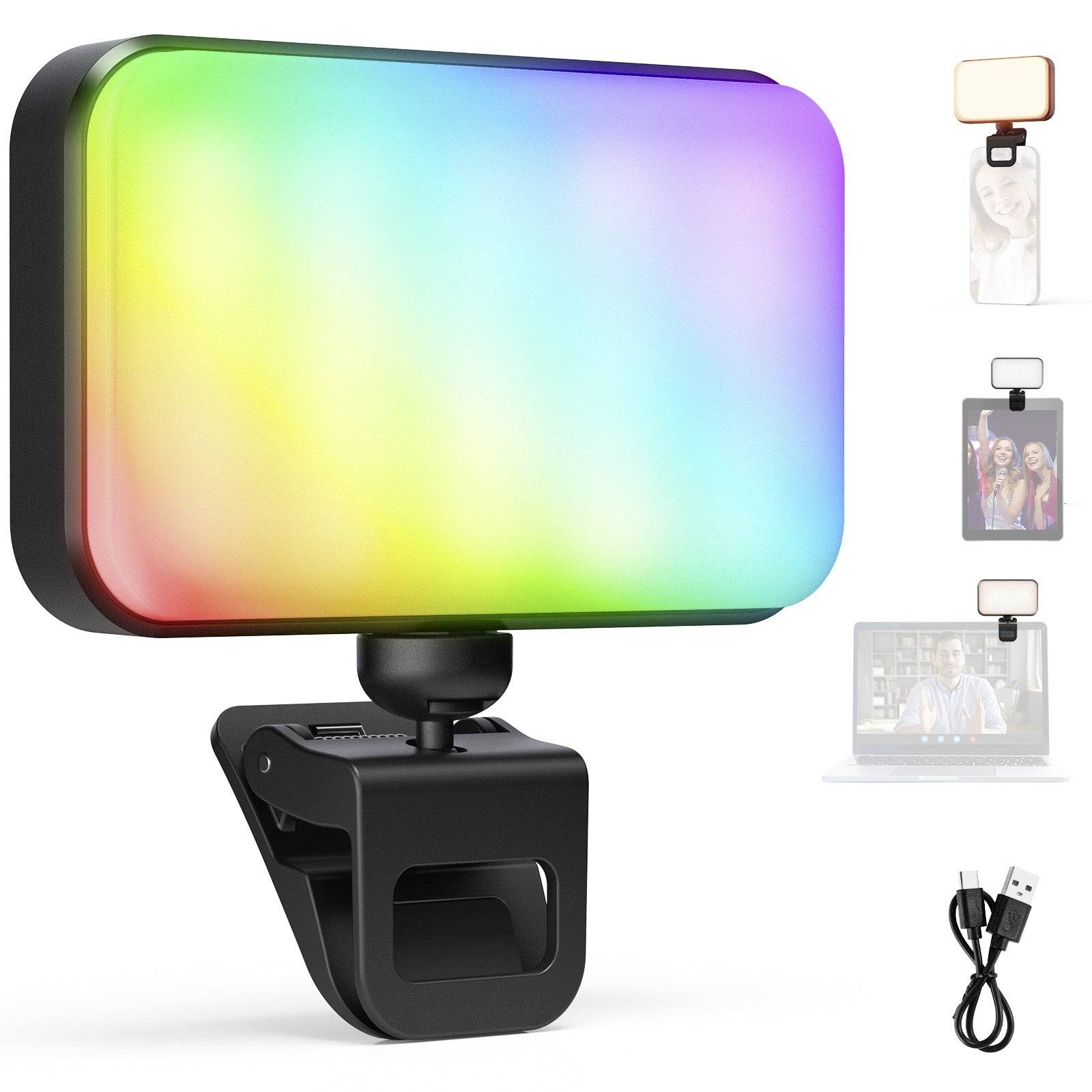 Lampe LED RGB à pince pour webcam ou ordinateur portable, avec images d'exemple montrant son installation sur des appareils ; inclut un câble de charge USB.