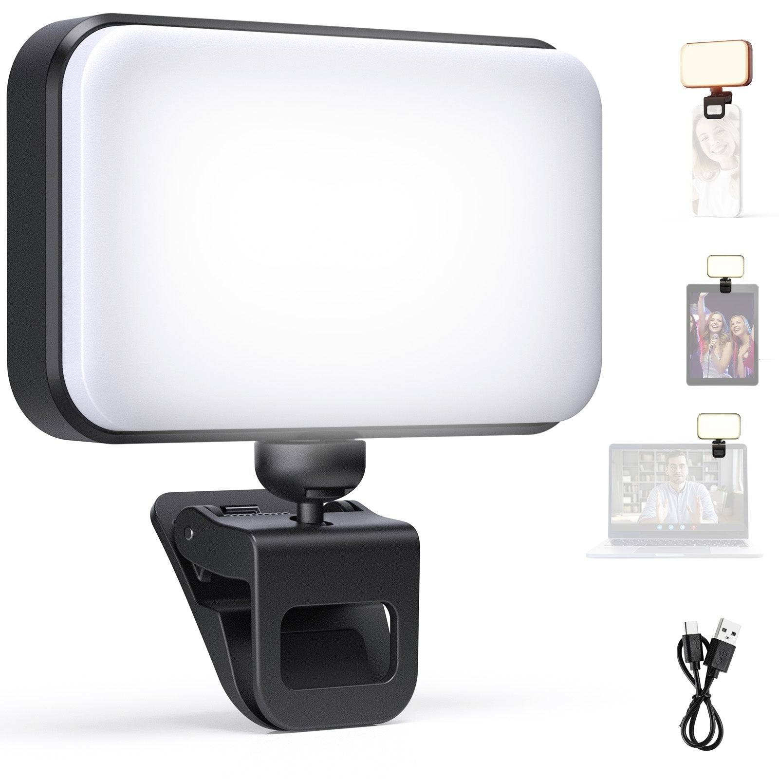 Lampe vidéo LED rectangulaire à clip avec support de webcam ajustable, présentée avec un câble de recharge USB et de petites images d'aperçu d'utilisation sur des téléphones, des ordinateurs portables et des appels vidéo.
