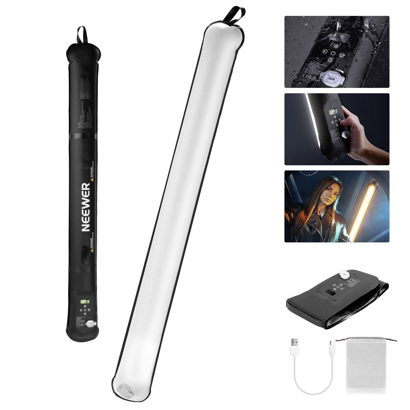 Image produit d'une lampe tube LED portable Neewer, présentée en noir et blanc avec étui de transport, câble de charge USB et photos d'utilisation.