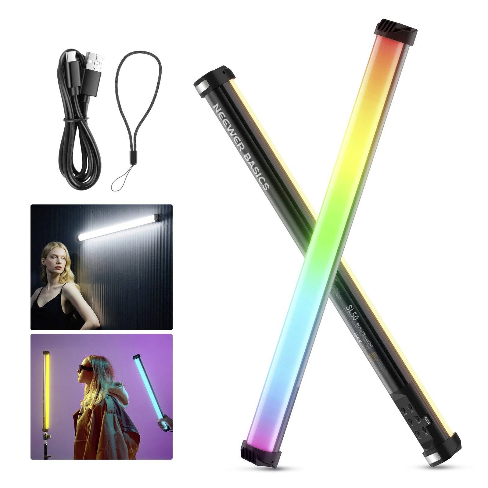 Bâtons lumineux LED RVB avec câble USB et bracelet de poignet, présentés avec des photos de portrait démontrant les effets d'éclairage studio blanc et coloré.