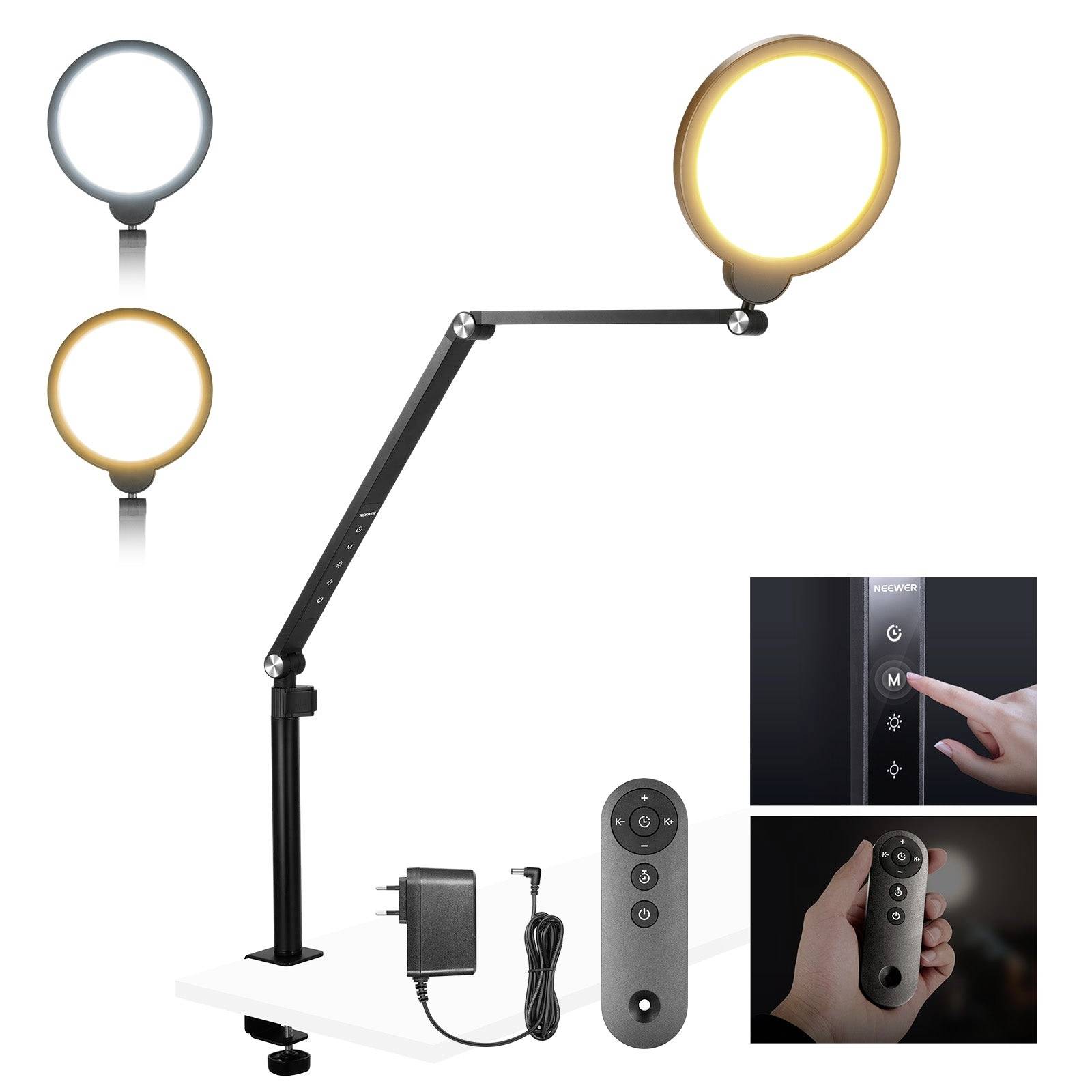 Lampe de bureau LED ajustable avec base à pince, adaptateur secteur, télécommande, et vues détaillées montrant les commandes tactiles et l'utilisation de la télécommande; options de couleur présentées