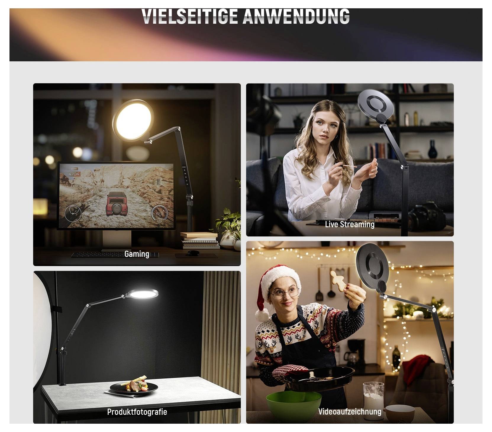 Collage intitulée « Application polyvalente » montrant une lampe annulaire utilisée pour les jeux vidéo, le streaming en direct, la photographie de produits et l'enregistrement vidéo.