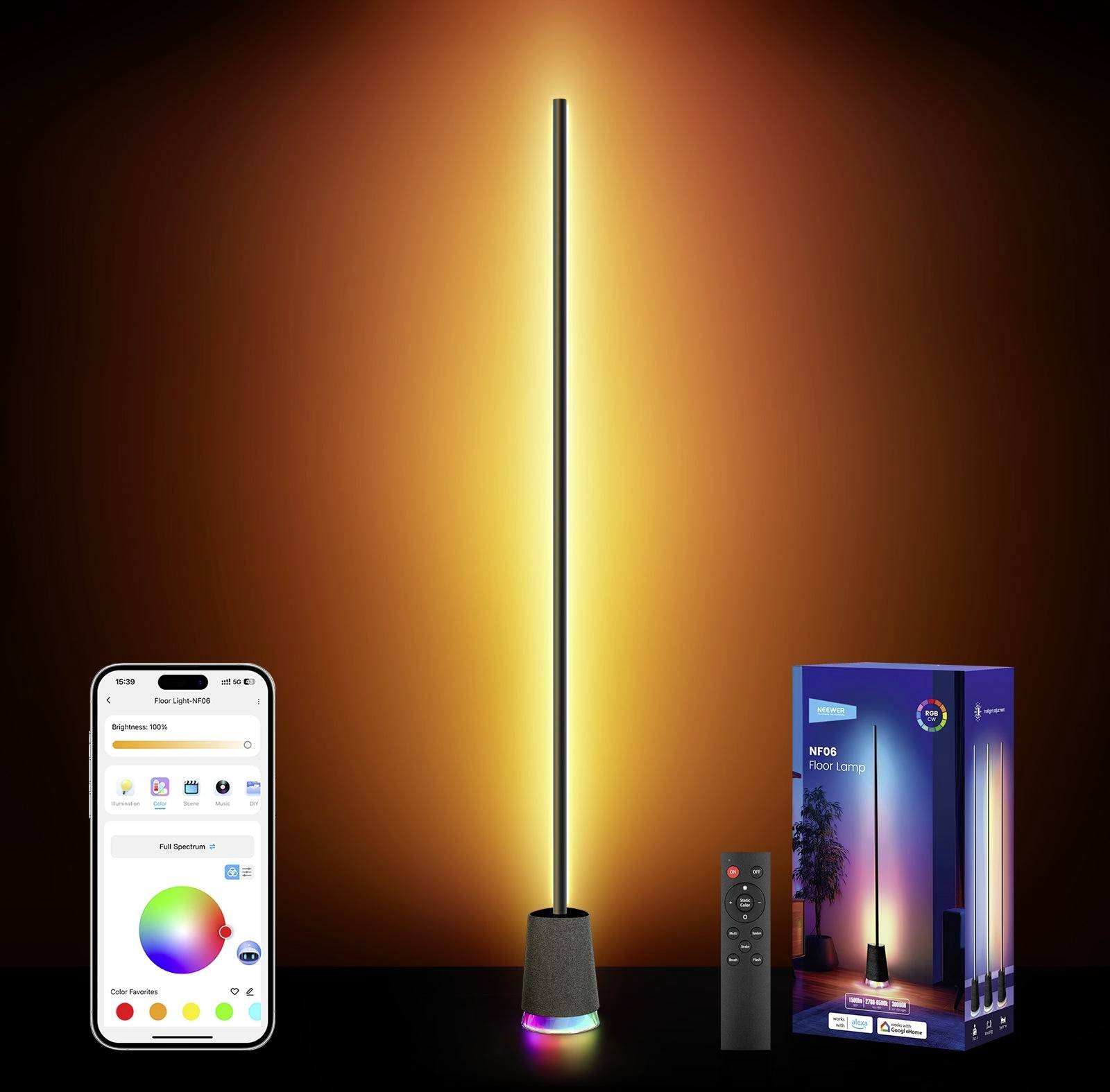 Grand lampadaire noir avec lumière chaude brillante, contrôle par application affiché sur un téléphone, télécommande incluse et emballage du produit à côté.