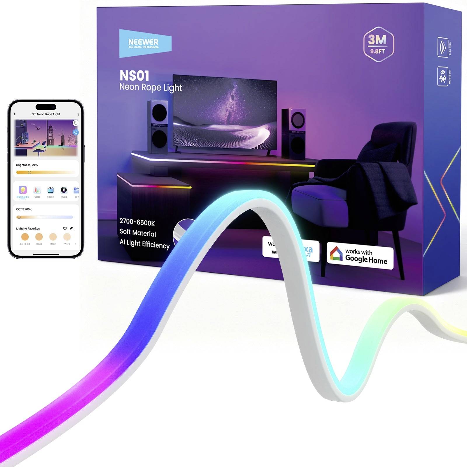 Boîte produit pour lampe néon flexible NS01 avec contrôle par application smartphone, longueur 3 m, compatibilité Google Home et Alexa, et éclairage ambiant multicolore présenté dans un aménagement intérieur.