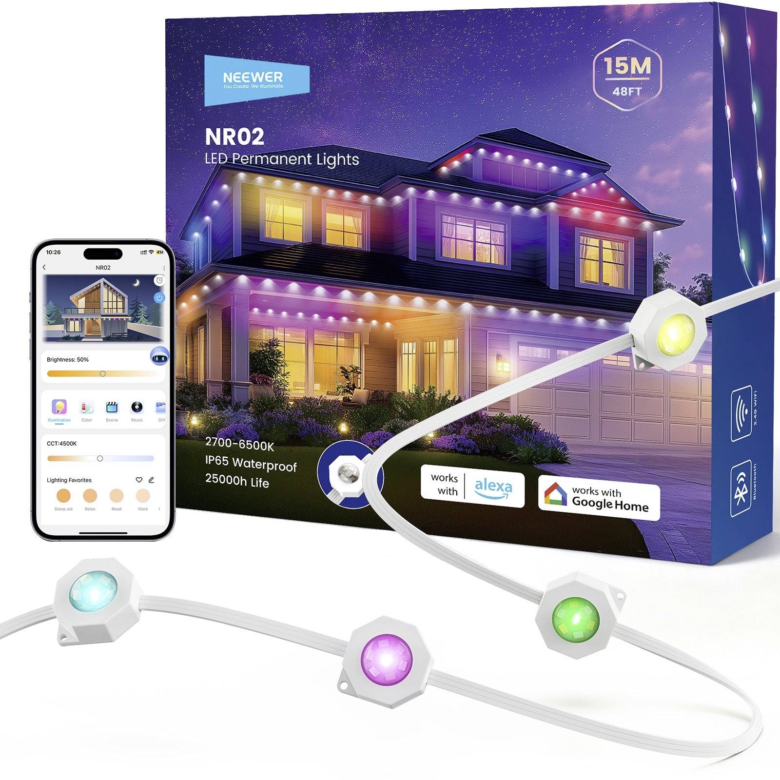 Image de produit des lumières LED permanentes NEEWER NR02 pour la décoration de la ligne de toit extérieure, avec contrôle par application smartphone, longueur de 15m/48ft, indice de protection IP65, et compatibilité Alexa/Google Home.
