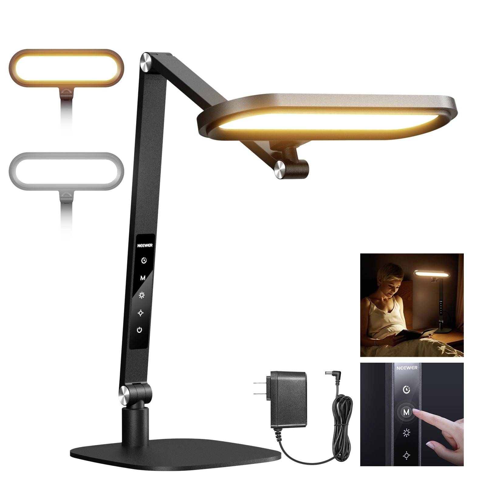 Lampe de bureau LED noire moderne avec bras ajustable et commandes tactiles, présentée avec des modes de lumière chaude et froide, adaptateur d'alimentation, et une petite vignette d'une personne lisant près de la lampe.