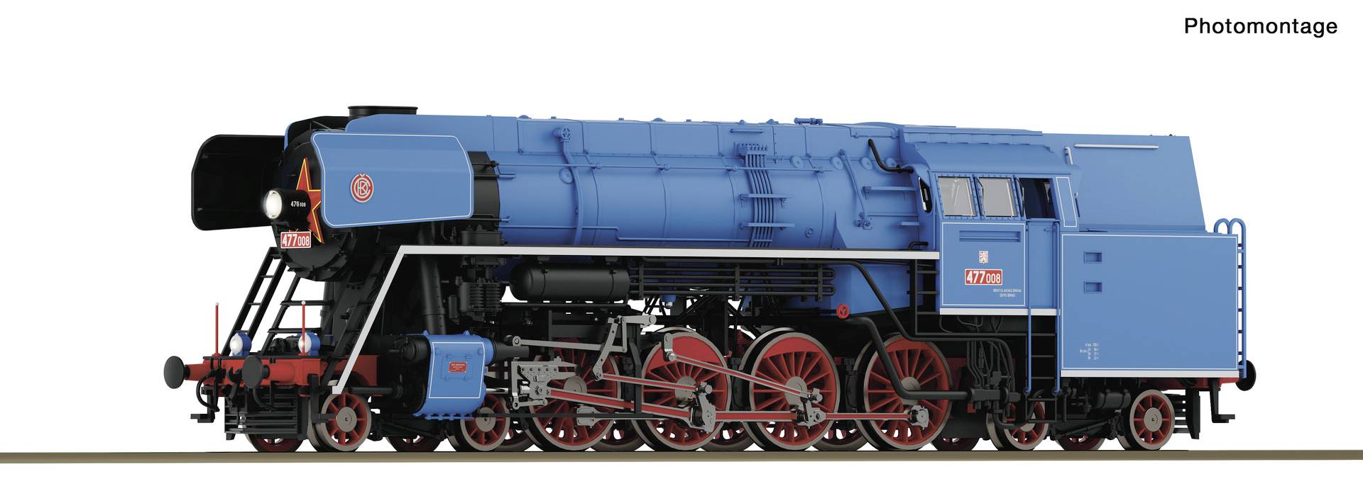 Locomotive à vapeur bleue en vue de profil, présentée en tant que photomontage sur fond blanc.