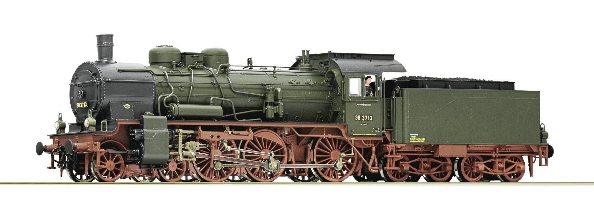 Locomotive à vapeur verte vintage avec des roues rouges et un tender assorti, présentée en vue latérale sur un fond blanc.