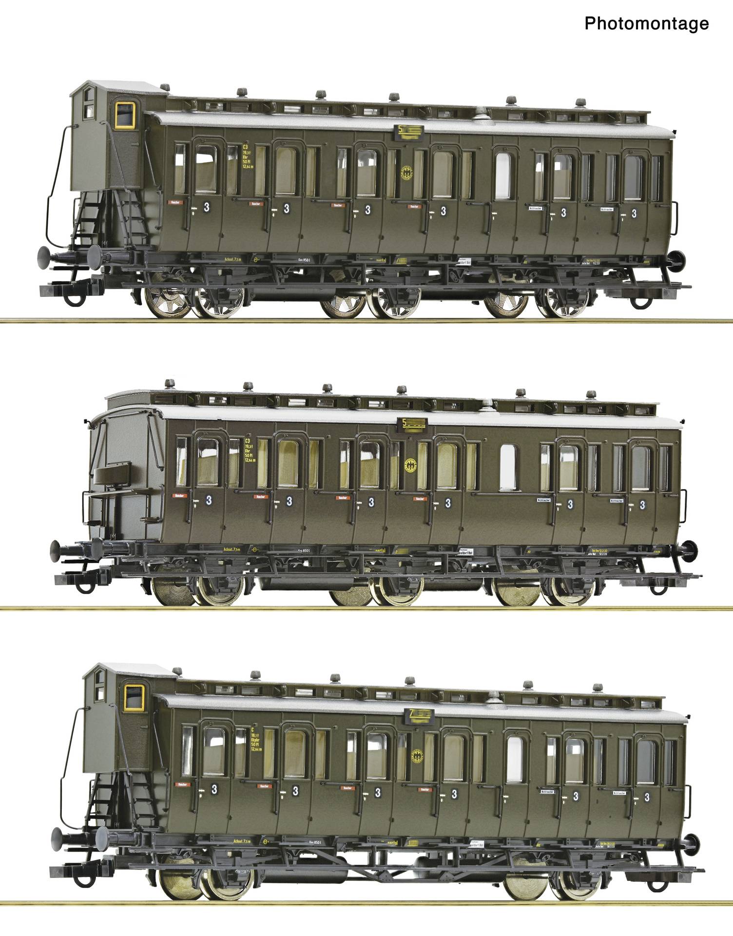 Trois images de profil du même ancien wagon de passagers de chemin de fer vert olive, présentées dans un photomontage.