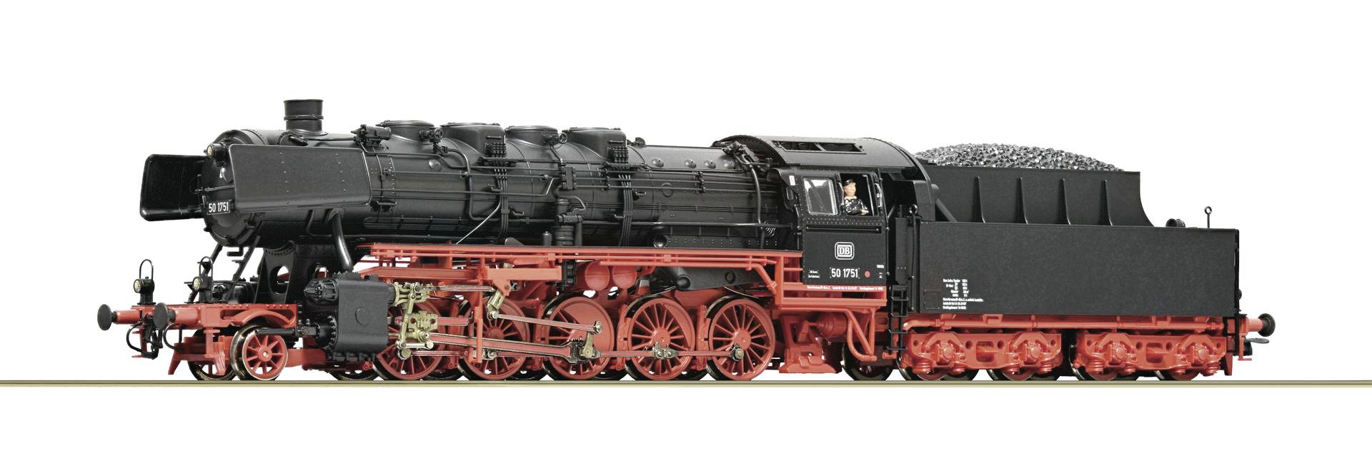 Vue latérale d'une locomotive à vapeur noire et rouge avec son tender isolée sur un fond blanc.