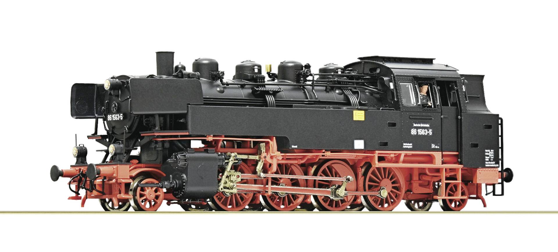 Vue latérale d'une locomotive à vapeur noire et rouge avec de grandes roues rouges sur un fond blanc.