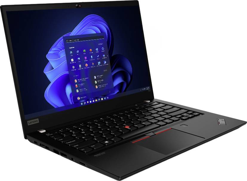 Ordinateur portable Lenovo ThinkPad noir ouvert à un angle, affichant un bureau Windows 11 sur l'écran et un TrackPoint rouge sur le clavier.
