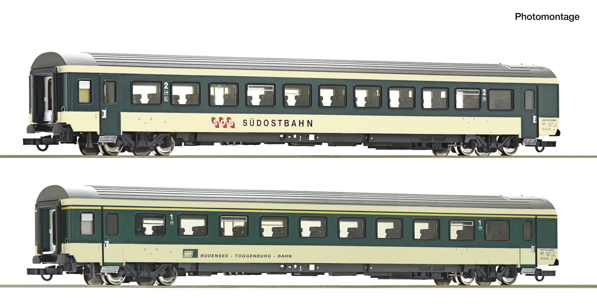 Photomontage de deux voitures de voyageurs Sudostbahn vue de côté de couleur vert et crème, montrant une livrée et un lettrage différents.