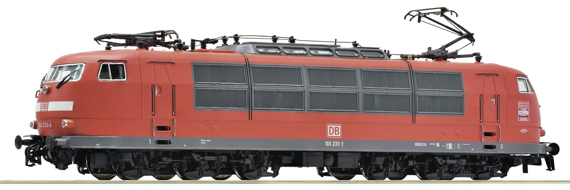 Vue latérale d'une locomotive électrique DB rouge sur fond blanc, représentée avec le pantographe levé et l'équipement de toit visible.