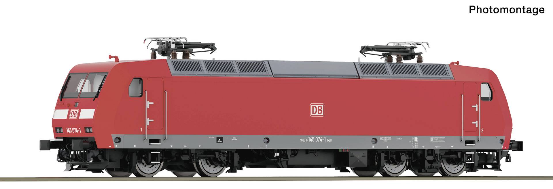 Vue latérale d'une locomotive électrique rouge DB sur un fond blanc, présentée sous forme de photomontage.