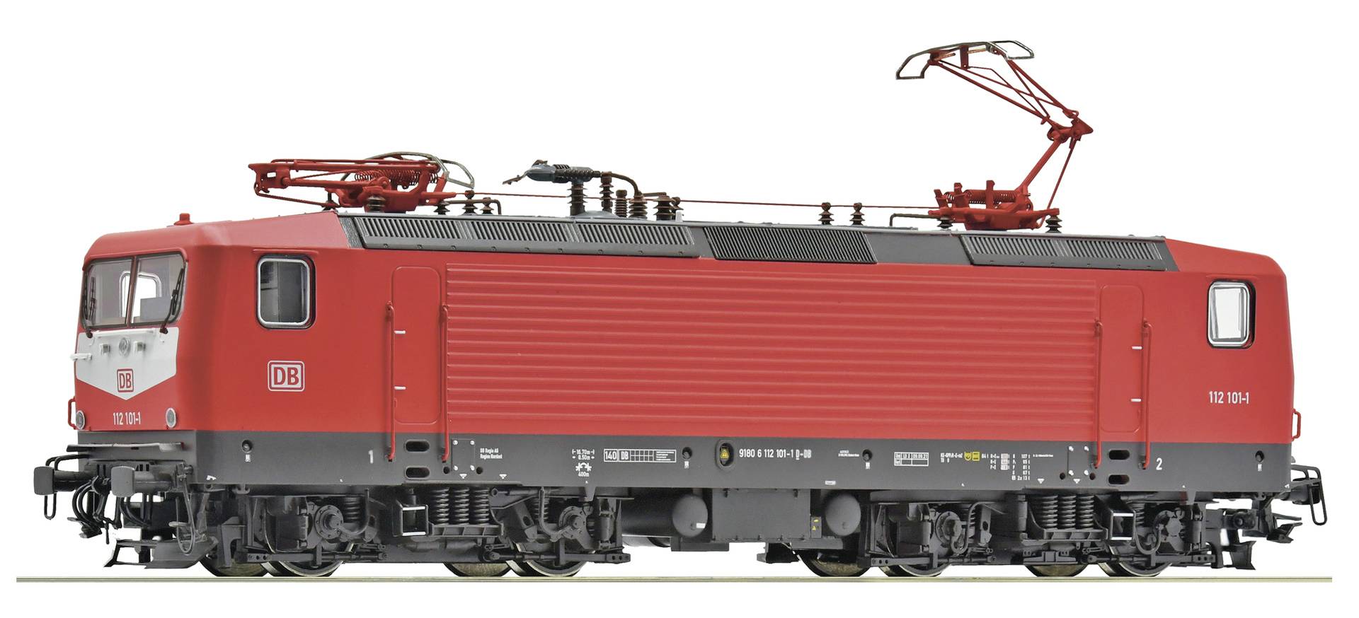Locomotive électrique rouge en vue latérale avec pantographe levé, probablement un moteur de fret ou de voyageurs de la DB, isolé sur fond blanc.
