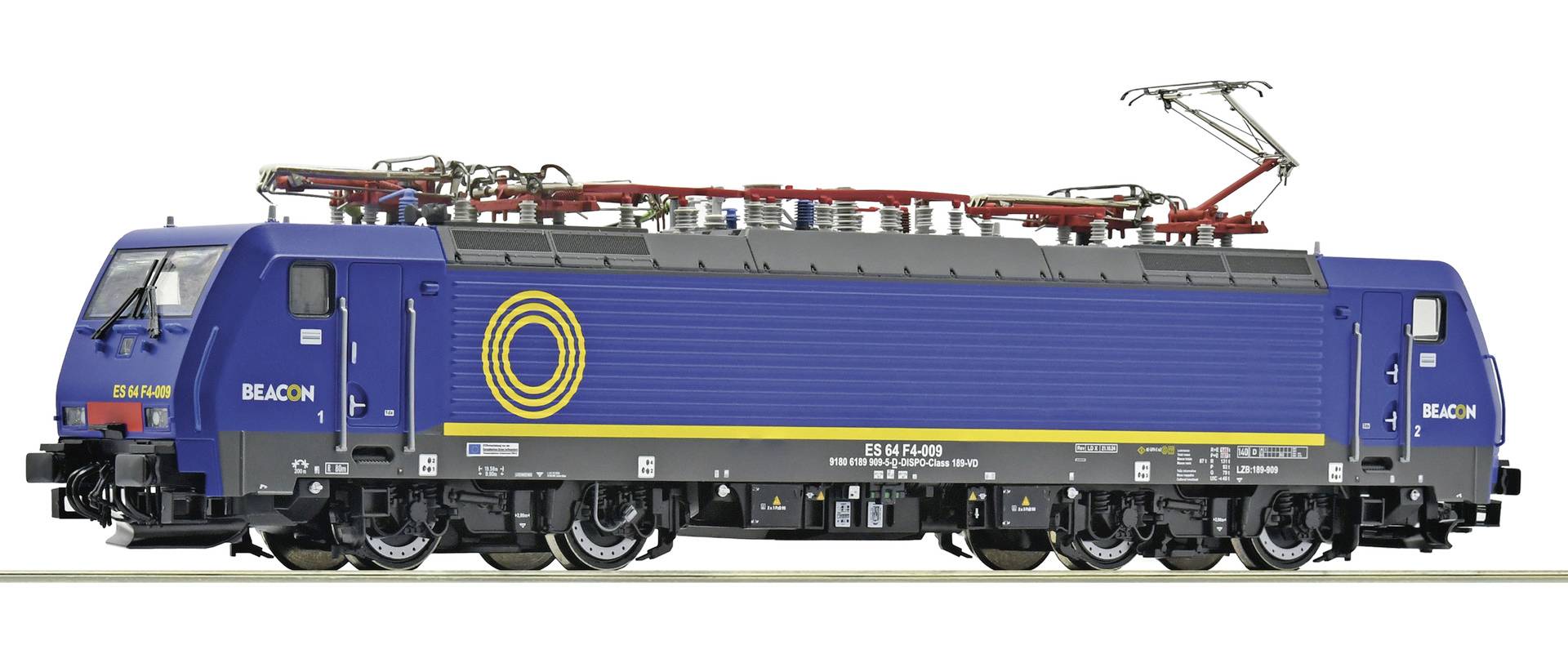 Locomotive électrique Blue BEACON présentée en vue de profil, avec une bande jaune et un logo circulaire, sur un fond blanc.