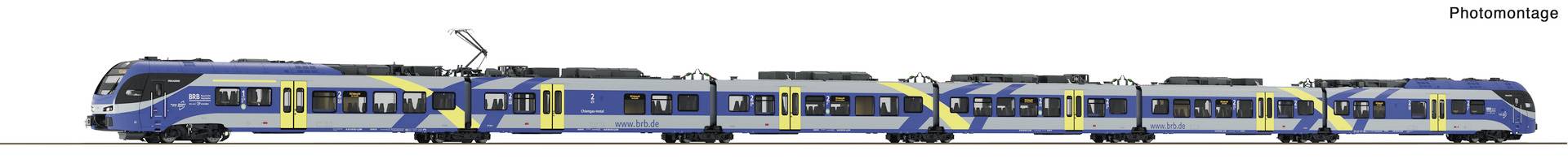 Un train de passagers multi-voitures bleu et jaune montré en vue de côté, étiqueté comme un photomontage.