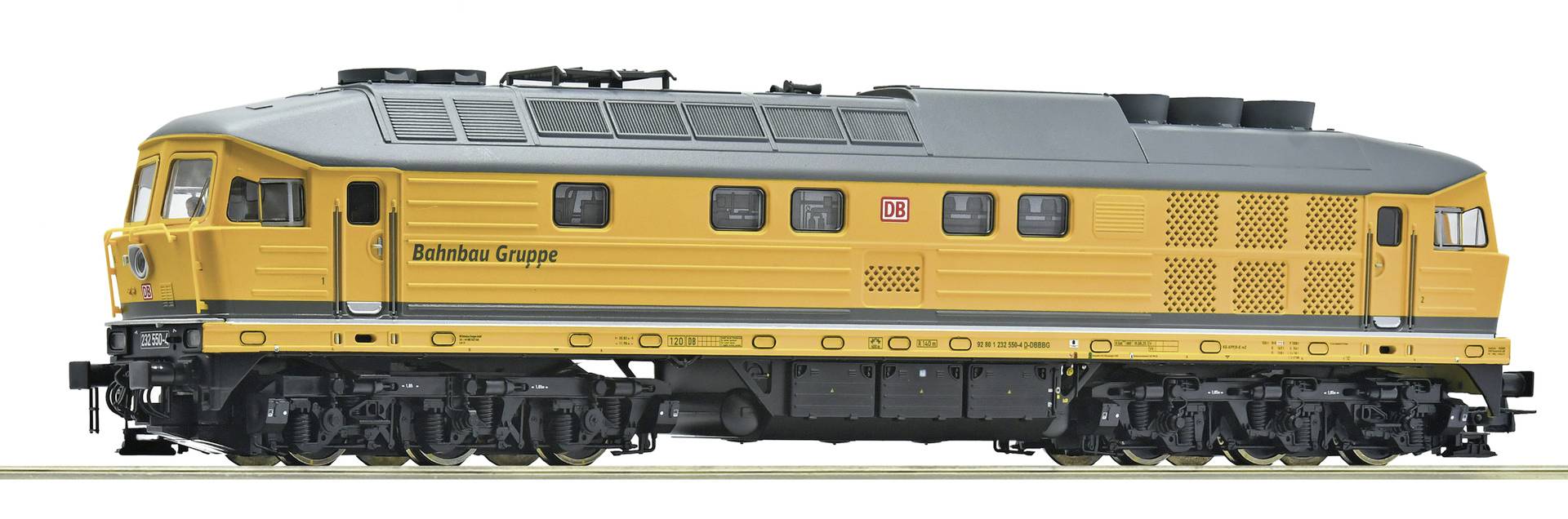 Locomotive diesel allemande jaune avec le logo « DB », présentée en vue latérale sur fond blanc.