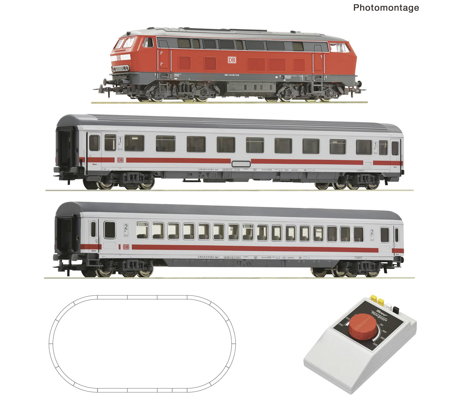 Photomontage d'une locomotive rouge et de deux voitures de passagers argentées, plus un contour de piste ovale et une télécommande de train portative.