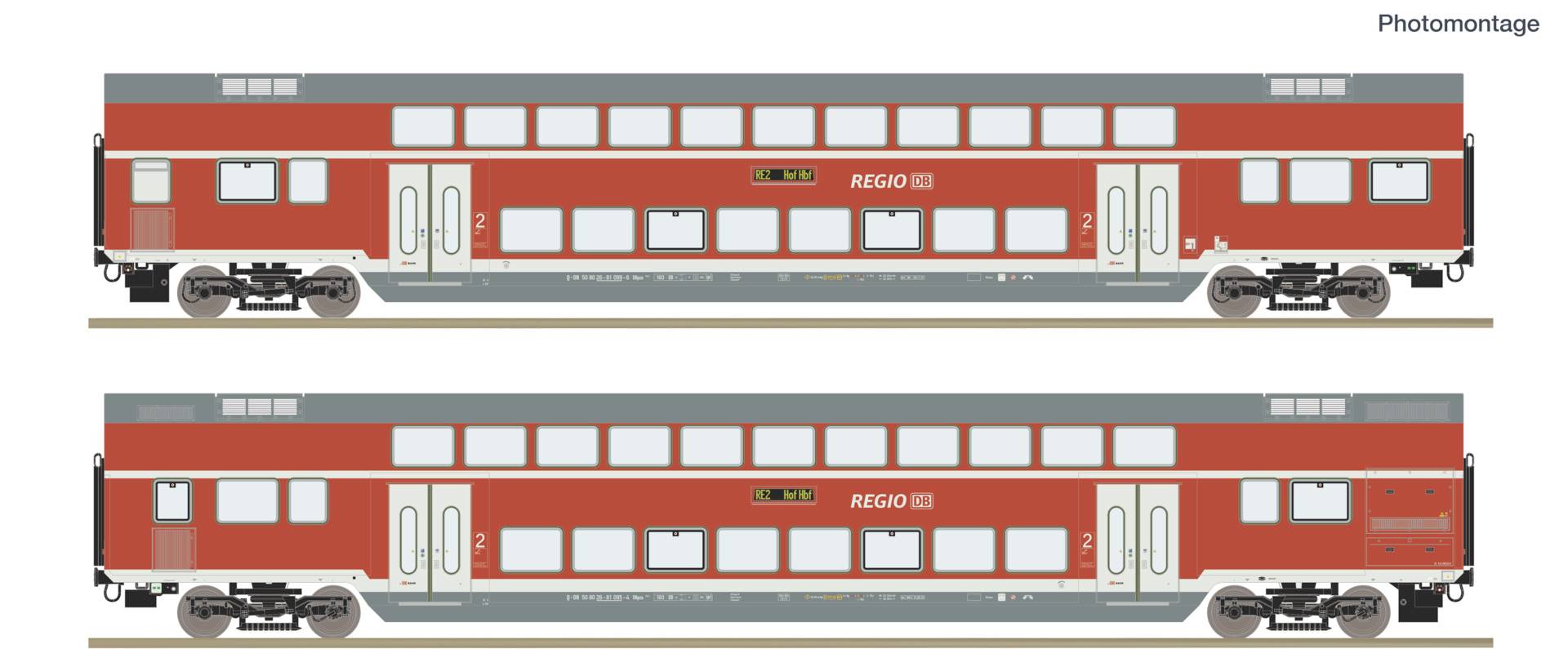 Deux voitures de train de passagers rouges portant l'étiquette « REGIO » présentées côte à côte, chacune avec des portes, des fenêtres et des toits gris sur un fond blanc.