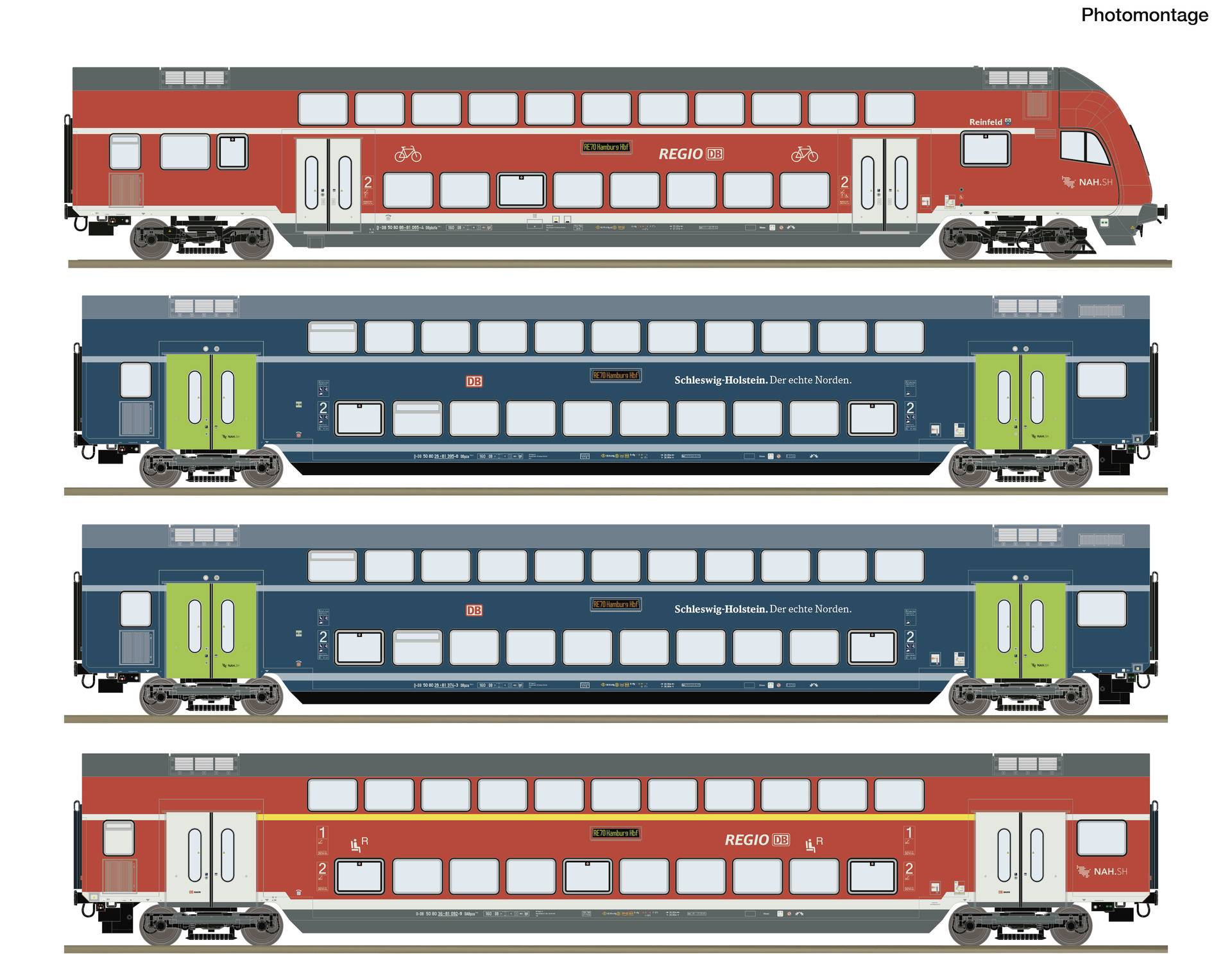 Quatre maquettes de conception de wagon de train en vue latérale empilées verticalement, montrant les livrées de train de passagers régional rouge et bleu-vert avec portes, fenêtres et marquage de marque.