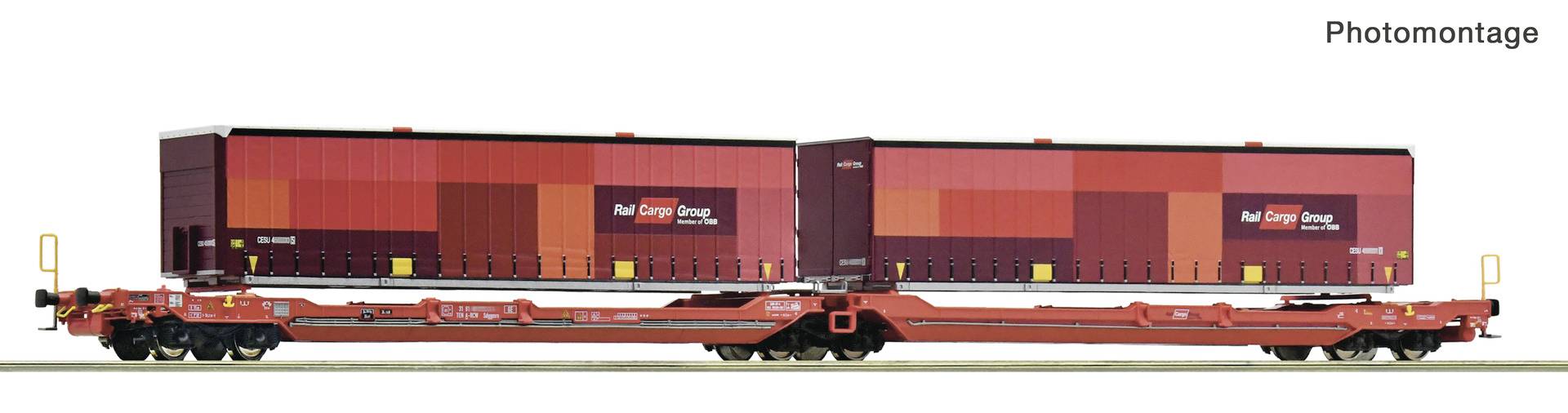 Photomontage d'un wagon de fret rouge avec deux grands conteneurs de cargo fermés sur un wagon à plateau, montré en vue latérale sur un fond blanc.